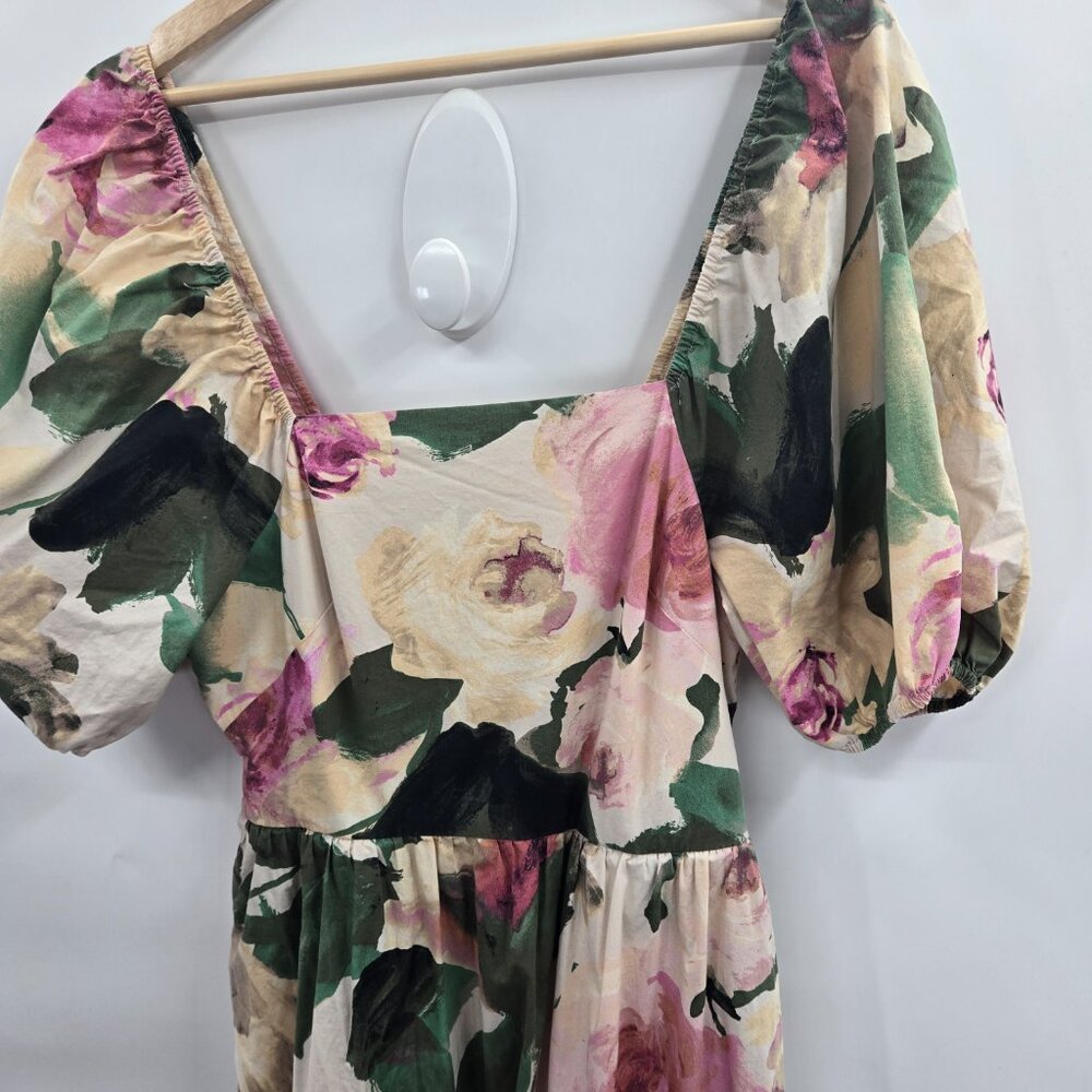 Express Cream Floral Watercolor Off Shoulder Puff Sleeve Maxi Dress Size Medium - Picture 4 of 16